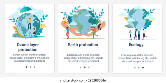 Modern flat illustrations in the form of a slider for web design. A set of UI and UX interfaces for the user interface.Topic Protection of the planet Earth, the ozone layer and ecology.