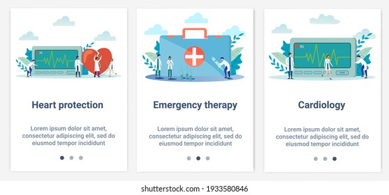 Ilustraciones planas modernas en forma de deslizador para el diseño web. Un conjunto de interfaces UI y UX para la interfaz de usuario.Cardiología temática y terapia de emergencia.