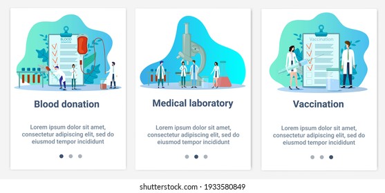 Modern flat illustrations in the form of a slider for web design. A set of UI and UX interfaces for the user interface.Topic Blood donation and vaccination.