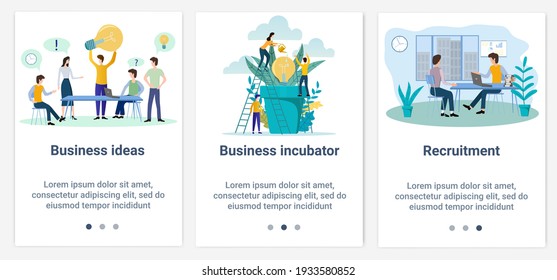 Ilustraciones planas modernas en forma de deslizador para el diseño web. Un conjunto de interfaces UI y UX para la interfaz de usuario.Topic Business incubator y reclutamiento.