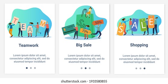 Modern flat illustrations in the form of a slider for web design. A set of UI and UX interfaces for the user interface.The theme is Teamwork and a big sale.