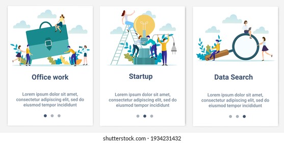 Modern flat illustrations in the form of a slider for web design. A set of UI and UX interfaces for the user interface.Topic Office work and startup.