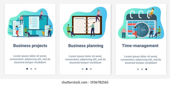 Modern flat illustrations in the form of a slider for web design. A set of UI and UX interfaces for the user interface.Topic Business planning and time management.
