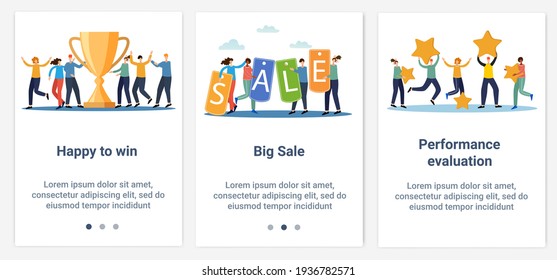 Modern flat illustrations in the form of a slider for web design. A set of UI and UX interfaces for the user interface.The theme is Achievement evaluation and a big sale.