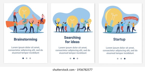 Modern flat illustrations in the form of a slider for web design. A set of UI and UX interfaces for the user interface.The topic is Brainstorming and startup.