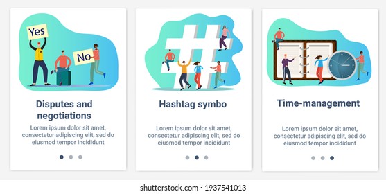 Modern flat illustrations in the form of a slider for web design. A set of UI and UX interfaces for the user interface.Topic Business negotiations and time management.