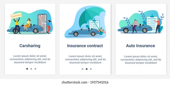 Modern flat illustrations in the form of a slider for web design. A set of UI and UX interfaces for the user interface.Topic Carsharing and car insurance.