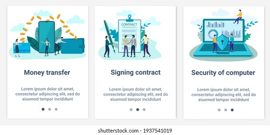 Moderne flache Illustrationen in Form eines Schiebereglers für Webdesign. Eine Reihe von UI- und UX-Schnittstellen für die Benutzeroberfläche.Topic Sicherer Geldtransfer und Vertragsunterzeichnung.