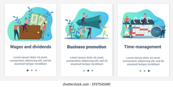 Modern flat illustrations in the form of a slider for web design. A set of UI and UX interfaces for the user interface.Topic Finance, business promotion and time management.