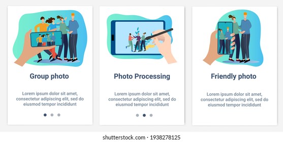 Modern flat illustrations in the form of a slider for web design. A set of UI and UX interfaces for the user interface.The theme is Taking photos on a smartphone and processing them.