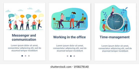 Modern flat illustrations in the form of a slider for web design. A set of UI and UX interfaces for the user interface.Topic Business negotiations, communication and time management.