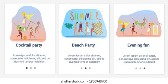 Modern flat illustrations in the form of a slider for web design. A set of UI and UX interfaces for the user interface.The theme of Fun, cocktails and beach parties.