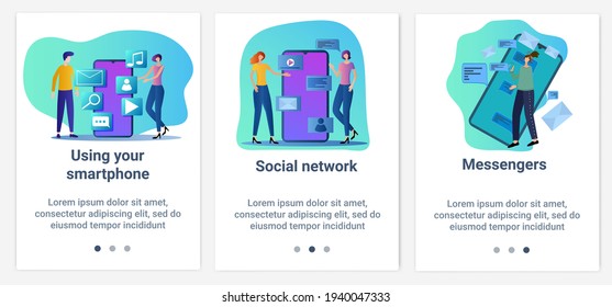 Modern flat illustrations in the form of a slider for web design. A set of UI and UX interfaces for the user interface.The theme is Social networks and messengers.