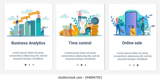 Modern flat illustrations in the form of a slider for web design. A set of UI and UX interfaces for the user interface.The topic is Business analytics, time control and online sales.