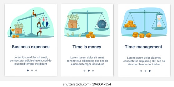 Moderne flache Illustrationen in Form eines Schiebereglers für Webdesign. Eine Reihe von UI- und UX-Schnittstellen für die Benutzeroberfläche.Topic Business-Ausgaben und Zeitmanagement.