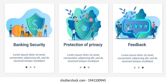 Modern flat illustrations in the form of a slider for web design. A set of UI and UX interfaces for the user interface.Privacy and financial protection, feedback.