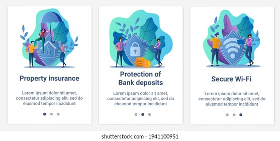 Modern flat illustrations in the form of a slider for web design. A set of UI and UX interfaces for the user interface.Bank data protection,secure WI-FI, and property insurance.