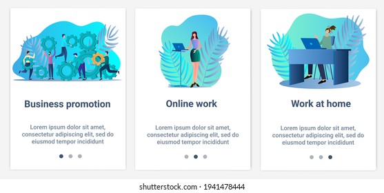 Modern flat illustrations in the form of a slider for web design. A set of UI and UX interfaces for the user interface.The topic of Business promotion and online work.