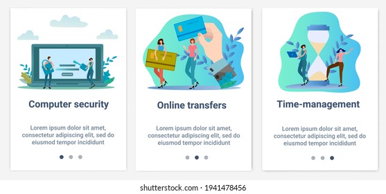 Modern flat illustrations in the form of a slider for web design. A set of UI and UX interfaces for the user interface.The topic is Computer security, online payments and time management.