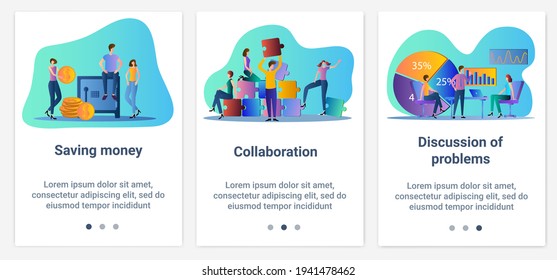 Modern flat illustrations in the form of a slider for web design. A set of UI and UX interfaces for the user interface.Safety of money and business cooperation.
