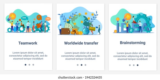 Modern flat illustrations in the form of a slider for web design. A set of UI and UX interfaces for the user interface.The theme is World Transfer, teamwork and brainstorming.