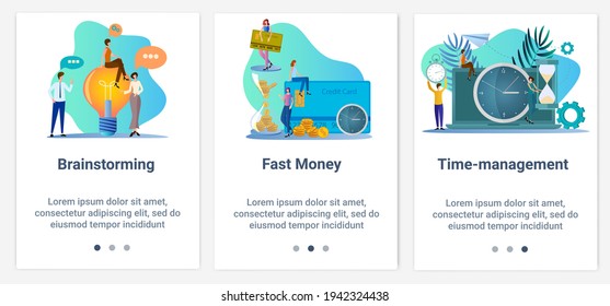 Modern flat illustrations in the form of a slider for web design. A set of UI and UX interfaces for the user interface.Brainstorming,fast money, and time management.