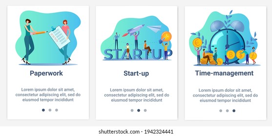 Modern flat illustrations in the form of a slider for web design. A set of UI and UX interfaces for the user interface.Office management, startup and time management.