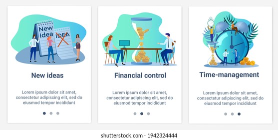 Modern flat illustrations in the form of a slider for web design. A set of UI and UX interfaces for the user interface.New ideas, financial control and time management.