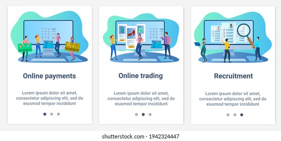 Modern flat illustrations in the form of a slider for web design. A set of UI and UX interfaces for the user interface.Topic Online payments, sales and recruitment.