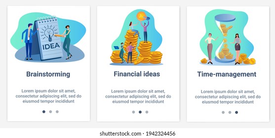 Ilustraciones planas modernas en forma de deslizador para el diseño web. Un conjunto de interfaces UI y UX para la interfaz de usuario.Brainstorming, ideas financieras y administración del tiempo.