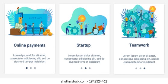 Modern flat illustrations in the form of a slider for web design. A set of UI and UX interfaces for the user interface.The topic is Online payments, startup and teamwork.