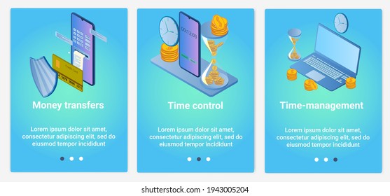 Modern flat illustrations in the form of a slider for web design. A set of UI and UX interfaces for the user interface.Money transfer and time management.