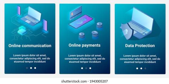 Modern flat illustrations in the form of a slider for web design. A set of UI and UX interfaces for the user interface.Online communication,data protection and payment protection.