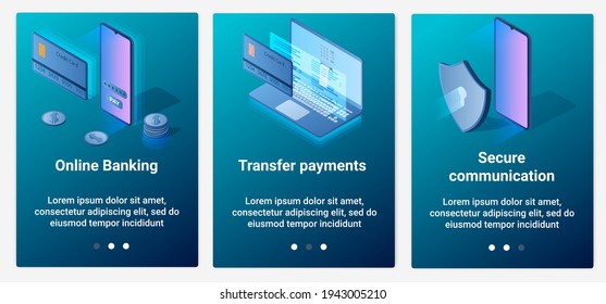 Modern flat illustrations in the form of a slider for web design. A set of UI and UX interfaces for the user interface.Secure online banking and cash payments.