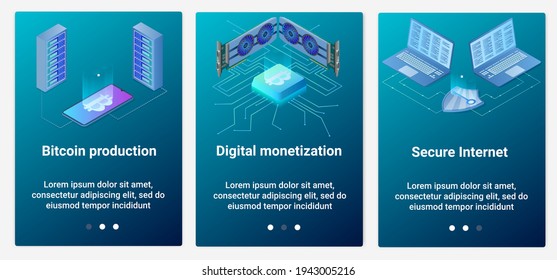 Ilustraciones planas modernas en forma de deslizador para el diseño web. Conjunto de interfaces UI y UX para la interfaz de usuario.Producción de criptodivisa e Internet seguro.