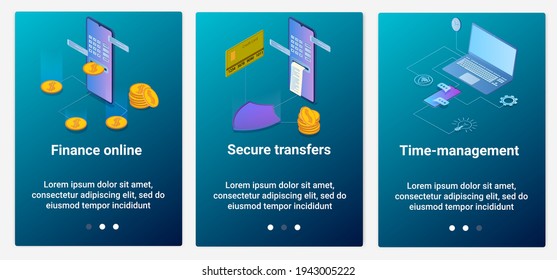Modern flat illustrations in the form of a slider for web design. A set of UI and UX interfaces for the user interface.Secure payments and time management.