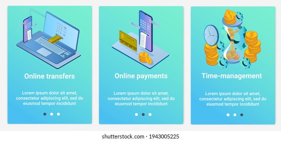Modern flat illustrations in the form of a slider for web design. A set of UI and UX interfaces for the user interface.Online transfers,online payments, and time management.