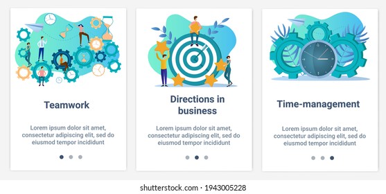Modern flat illustrations in the form of a slider for web design. A set of UI and UX interfaces for the user interface.Teamwork, business direction, and time management.