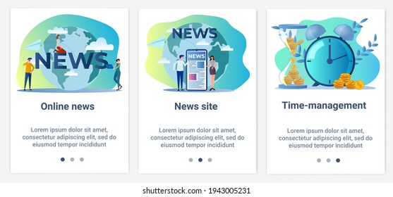Modern flat illustrations in the form of a slider for web design. A set of UI and UX interfaces for the user interface.Online news and social networks.