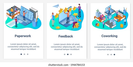 Modern flat illustrations in the form of a slider for web design. A set of UI and UX interfaces for the user interface.Coworking and feedback.