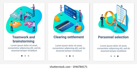 Modern flat illustrations in the form of a slider for web design. A set of UI and UX interfaces for the user interface.Cashless payments, brainstorming and recruitment.