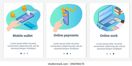 Modern flat illustrations in the form of a slider for web design. A set of UI and UX interfaces for the user interface.Mobile wallet and online work.