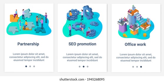 Modern flat illustrations in the form of a slider for web design. A set of UI and UX interfaces for the user interface.Partnership,CEO promotion and office work.