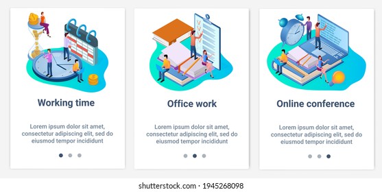 Moderne flache Illustrationen in Form eines Schiebereglers für Webdesign. Eine Reihe von UI- und UX-Schnittstellen für die Benutzeroberfläche.Office-Arbeit und Online-Konferenz.