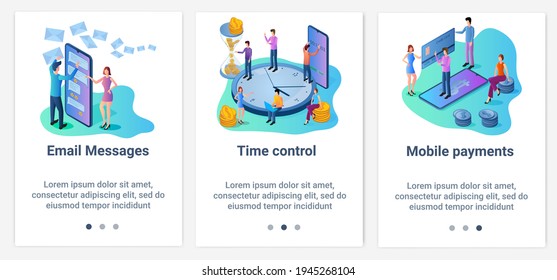Modern flat illustrations in the form of a slider for web design. A set of UI and UX interfaces for the user interface.Email messages,time control, and online payments.