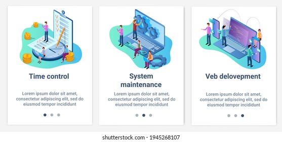 Modern flat illustrations in the form of a slider for web design. A set of UI and UX interfaces for the user interface.Time control,software and web development.