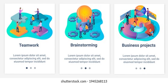 Ilustraciones planas modernas en forma de deslizador para el diseño web. Un conjunto de interfaces UI y UX para la interfaz de usuario.Trabajo en equipo, lluvia de ideas y proyectos empresariales