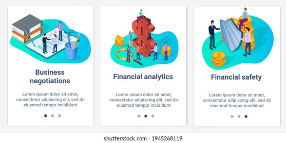 Modern flat illustrations in the form of a slider for web design. A set of UI and UX interfaces for the user interface.Business negotiations, financial analytics and security.