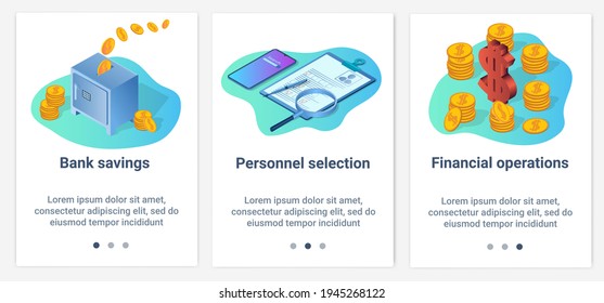 Modern flat illustrations in the form of a slider for web design. A set of UI and UX interfaces for the user interface.Bank savings,recruitment, and financial transactions.