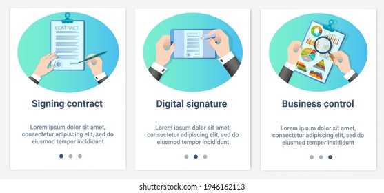 Modern flat illustrations in the form of a slider for web design. A set of UI and UX interfaces for the user interface.Contract signing, electronic signature and business controltranslations, GPS 